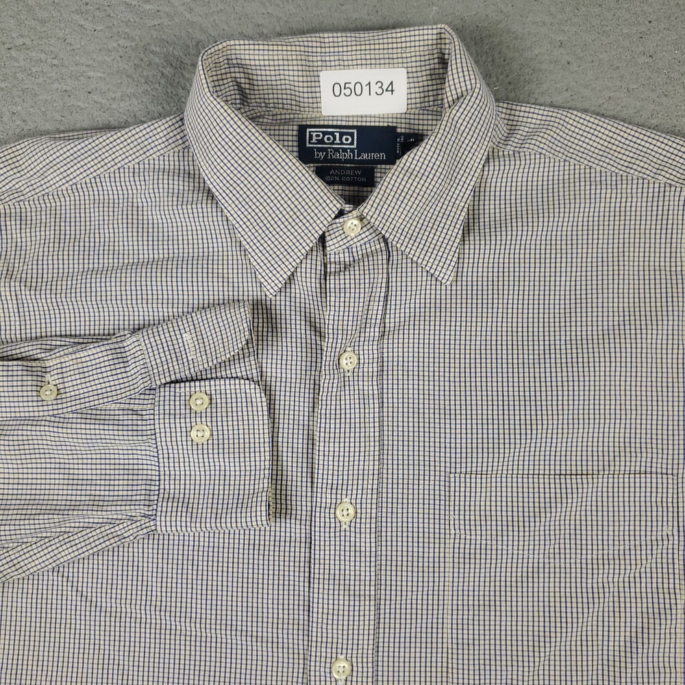 Ralph Lauren Shirt Mens Size 16.5 Blue Yellow Check Dress Button Up Long Sleeve